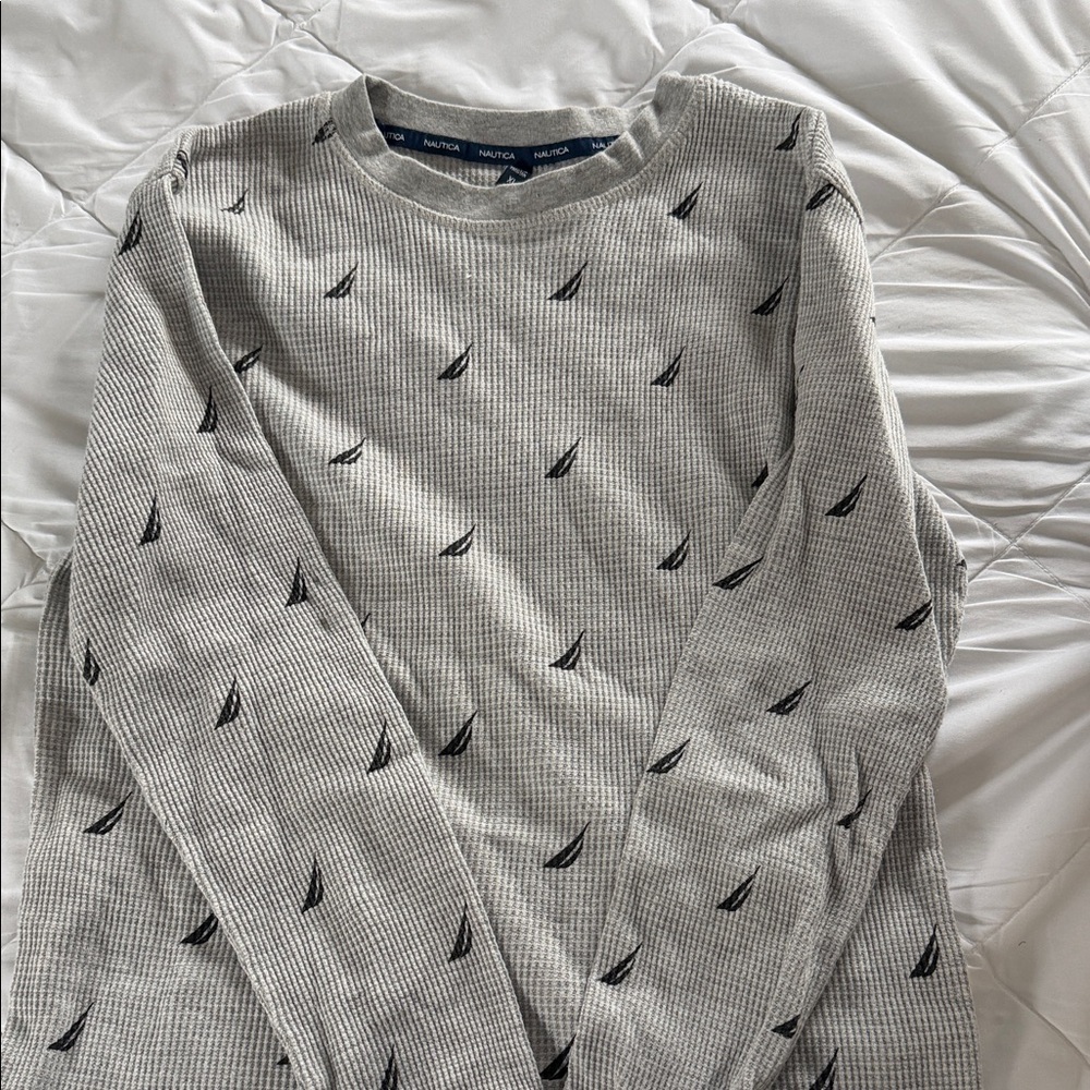 Nautica Gray Long Sleeve Tee with Black Sailboat Pattern